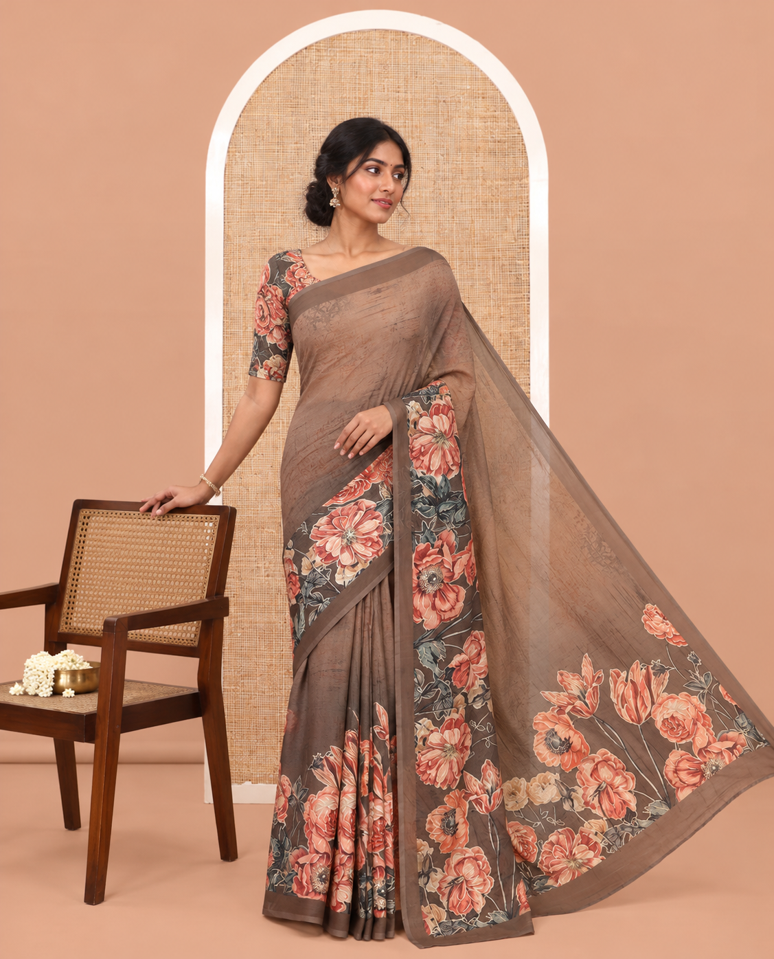 Borderless Green Georgette Saree, Beautifully Bedecked with Floral Print, and a Matching Blouse