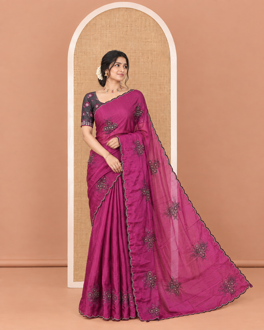 Purple Rangoli Chiffon Saree, Enriched with Flower-Style Motifs Embroidered on Its Body, a Subtle Scallop Embroidered Border, a Self-Pallu, and Paired with a Contrast Embroidered Blouse