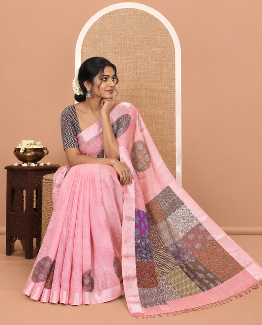 Pink Linen Cotton Saree Features Ajrakh Geometric Print, a Zari Border, Printed Pallu, Contrast Blouse