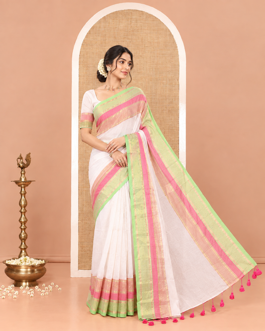 Cream Plain Khadi Mul Cotton Saree, Complemented by a Captivating Contrast Colorful Zari Border, Plain Pallu, and Paired with a Matching Blouse