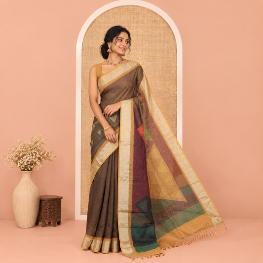 Coffee Brown and Green Linen Cotton Saree, Elevated with Geometric Print on Its Body, Complemented by Contrast Zari Border, Geometric Printed Pallu, and Paired with a Contrast Blouse