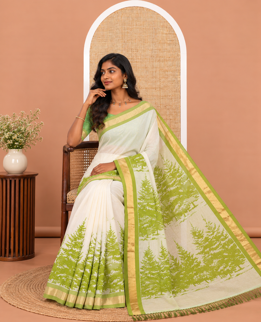 Cream-Olive Green Kerala Cotton Saree Features Tree Print, Contrast Border, and a Contrast Blouse