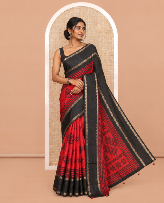 Red Art Tussar Saree, Adorned with Kolam Buttas, a Contrast Rettai Pettu Rudraksham Border, Kolam Pallu, and a Contrast Blouse