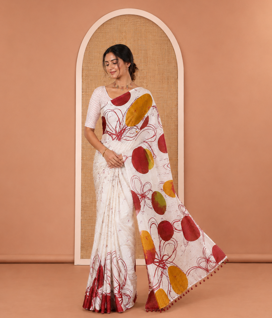 Borderless Cream and Maroon Khadi Cotton Saree, Embellished with Big Circles Motifs, Floral Motifs, and Batik Print on Its Body, Self-Printed Pallu, and Paired with a Matching Printed Blouse