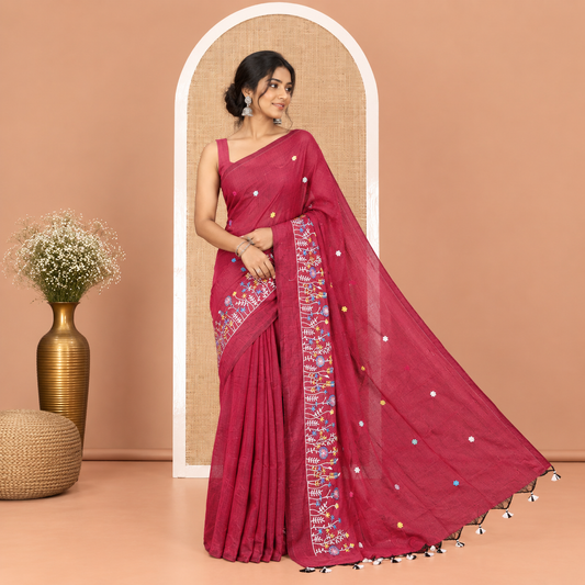 Borderless Purple Khadi Cotton Saree, Delicately Woven with Flower Motifs Embroidery All Over Its Body, a Self-Pallu, and Paired with a Matching Blouse