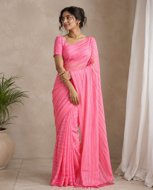 Borderless Pink Vichitra Silk Saree, Decked Up with Horizontal Stripes and Sequin Stripes, Paired with a Matching Blouse