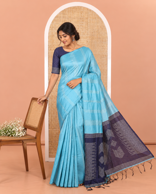 Borderless Blue Semi-Raw Silk Saree Featuring Elegant Vertical Sequin Stripes Running Across the Body, Complemented by a Contrast Thread-Work Pallu and Paired with a Contrast Blouse