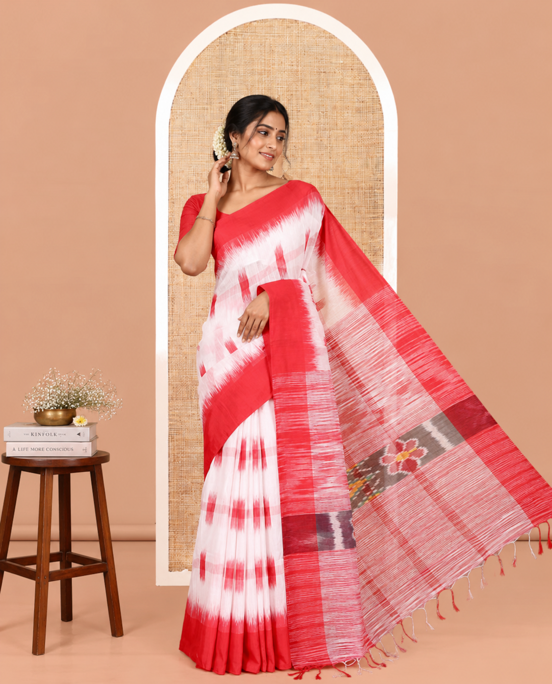 White-Red Khadi Cotton Saree, Woven with Ikat Buttas, Contrast Blouse, Ikat Pallu, Matching Blouse