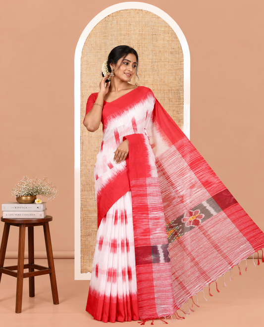 White-Red Khadi Cotton Saree, Woven with Ikat Buttas, Contrast Blouse, Ikat Pallu, Matching Blouse