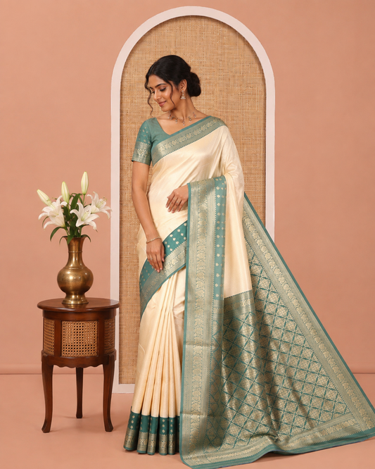 Cream-Green Embossed Art Kanchi Silk Saree, a Contrast Traditional Zari Border, Grand Jaal Pallu, and a Contrast Blouse