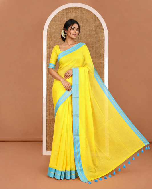 Yellow Plain Khadi Mul Cotton Saree, Complemented by Contrast Zari Striped Border, Plain Pallu, and Paired with a Matching Blouse