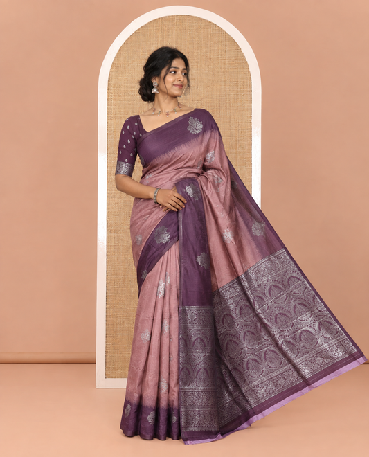 Onion Pink Kanchi Silk Saree, Adorned with Zari Buttas All Over Its Body, Complemented by a Contrast Border of Unique Buttas, Pallu Grandly Woven with Intricate Designs, and Paired with a Contrast Blouse