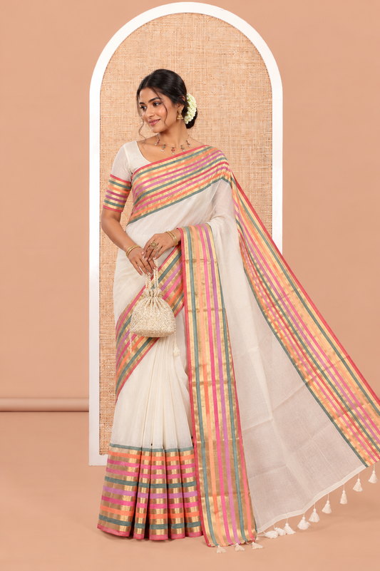 Cream Plain Khadi Mul Cotton Saree