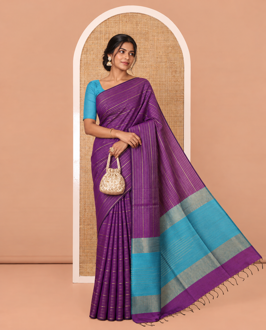 Borderless Dark Violet Semi-Raw Silk Saree, Spotlighted with Muthu Stripes on Its Body, Complemented by a Contrast Zari Striped Pallu, and Paired with a Contrast Blouse