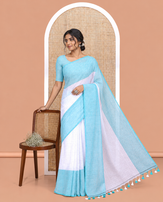White-Blue Khadi Mul Cotton Saree, Subtly Sparkled with Geometric Print, Complemented by a Contrast Border, and No Blouse