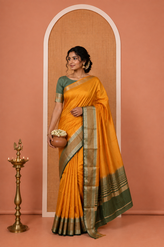 Mustard Plain Art Tussar Saree, Complemented by Contrast Rettai Pettu Border, Striped Pallu, and a Contrast Blouse
