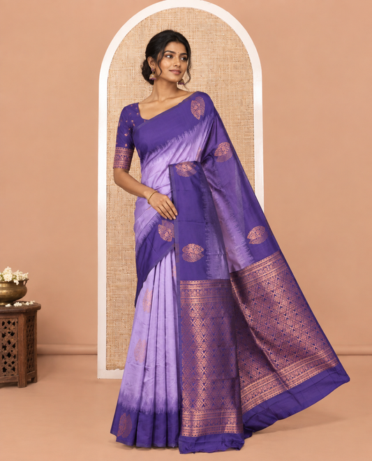 Lavender Kanchi Silk Saree, Adorned with Zari Buttas, a Contrast Zari Butta Border, Grand Pallu, and a Contrast Blouse