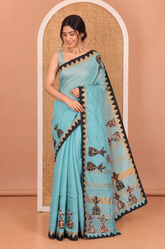 Blue Linen Cotton Saree, Adorned with Figurine Patch Embroidery, Complemented by a Contrast Temple Border, and a Matching Blouse
