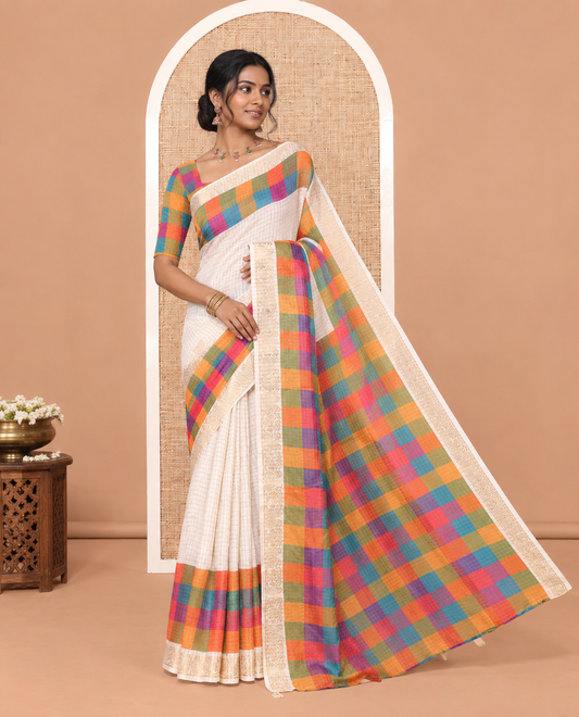 Cream-Green Checked Semi-Tussar Saree, a Contrast Madras-Checked Border, a Contrast Blouse