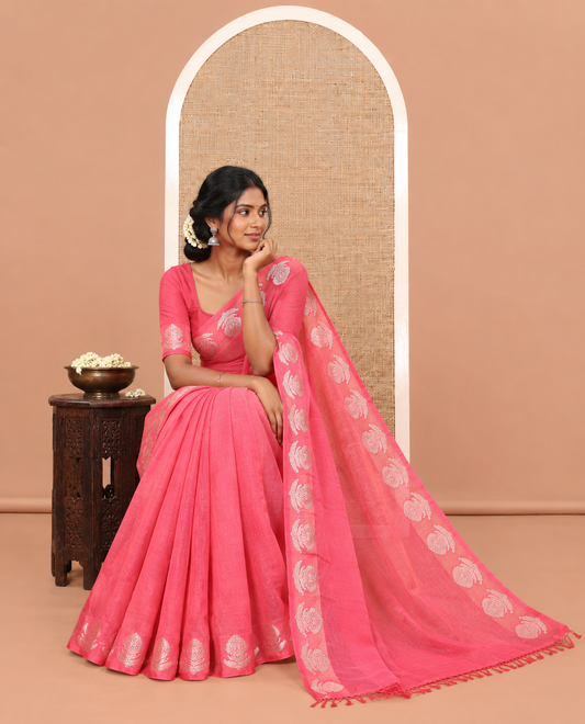 Pink Plain Moss Chiffon Saree, Highlighted by Gold Zari Floral Border, and a Self-Pallu