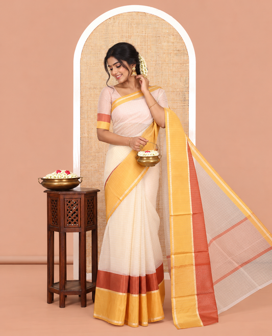 Cream-Rust Semi-Organza Saree