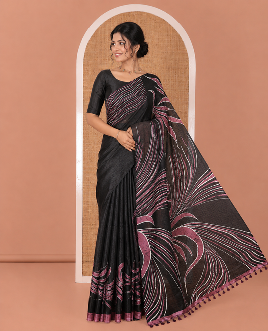 Borderless Black and Purple Art Khadi Cotton Saree, Detailed with Batik Print-Style Vines Print on Its Body, Self-Pallu of Batik Print, and Paired with a Matching Blouse