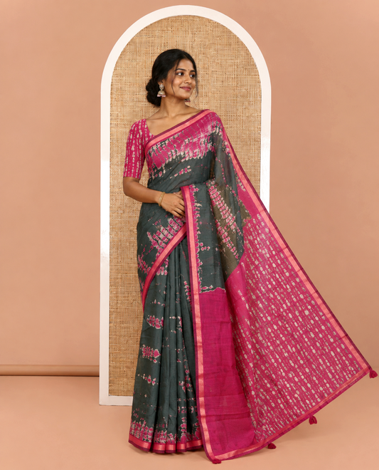 Green Muslin Cotton Saree, Adorned with Marble-Textured Shibori Printed All Over Its Body, Subtle Piping Border, Pallu of Shibori Print, and Paired with a Contrast Blouse
