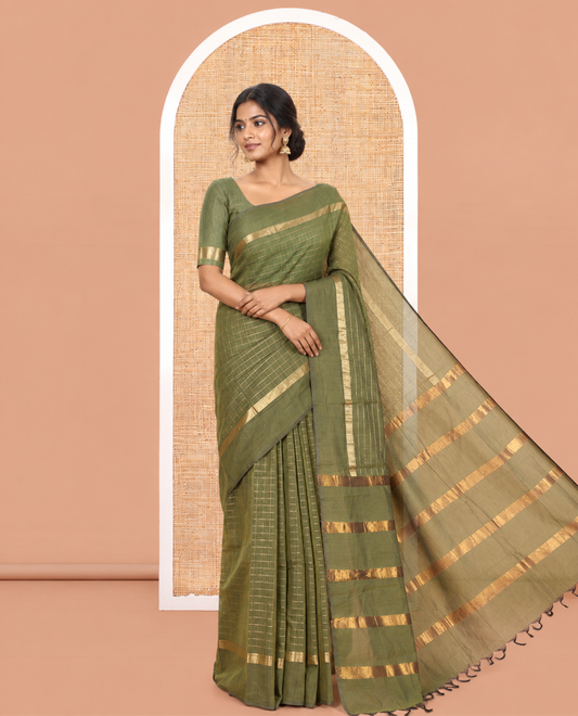 Green Chettinad Cotton Saree, Embellished with Checks, a Kaal Eragina Border, Striped Pallu, a Matching Blouse