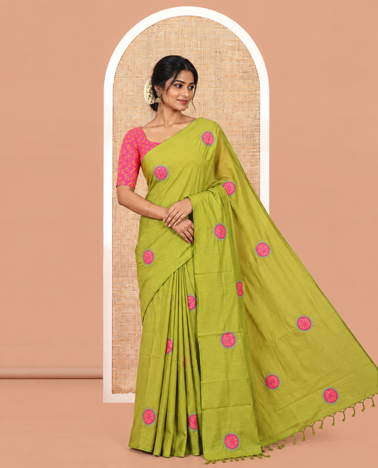 Borderless Olive Green Plain South Cotton Saree