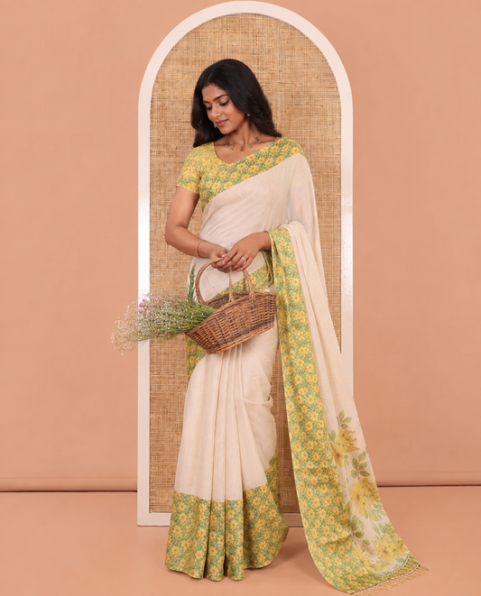 Gold Plain Tissue Saree, Complemented by a Contrast Floral Motif-Printed Border, Floral Printed-Pallu, and a Contrast Blouse
