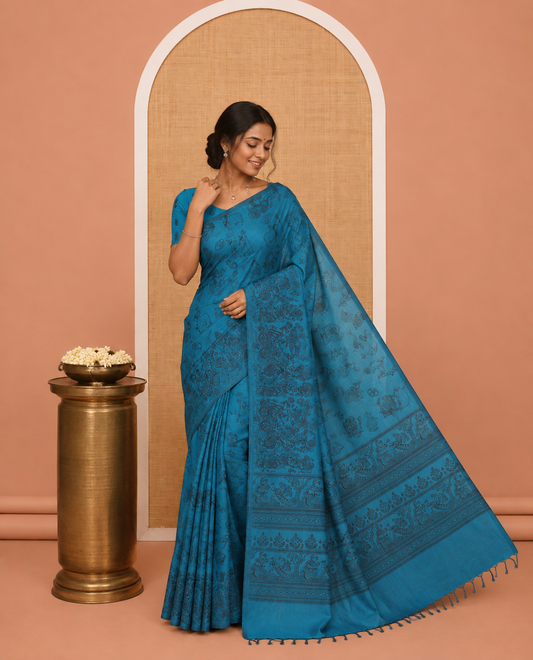 Borderless Rama South Cotton Saree, Adorned with Kalamkari-Style Motifs Outline Print, and a Matching Blouse