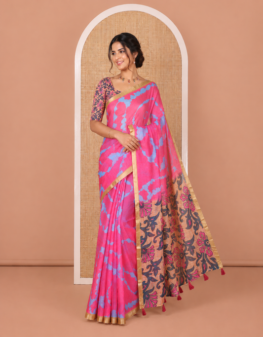 Pink Semi-Cotton Saree, Adorned with Shibori Print On Its Body, Subtle Piping Border, Pallu Steeped with Floral Vine Print, and Paired with a Printed Blouse