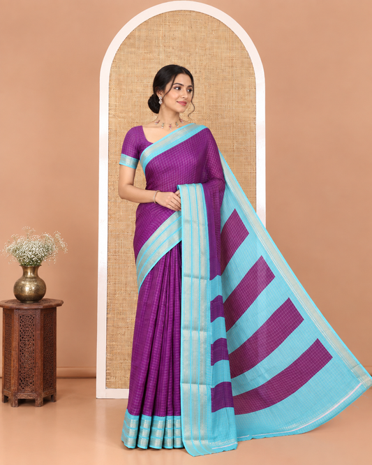 Purple Moss Chiffon Saree, Adorned  with Zari Checks All Over Its Body, Complemented by a Contrast Traditional Zari Design Border, Zari Striped Pallu, and Paired with a Contrast Blouse