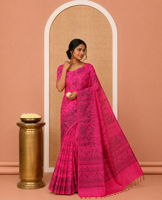 Borderless Pink South Cotton Saree, Crafted with Kalamkari-Style Motifs Outline Print, and a Matching Blouse