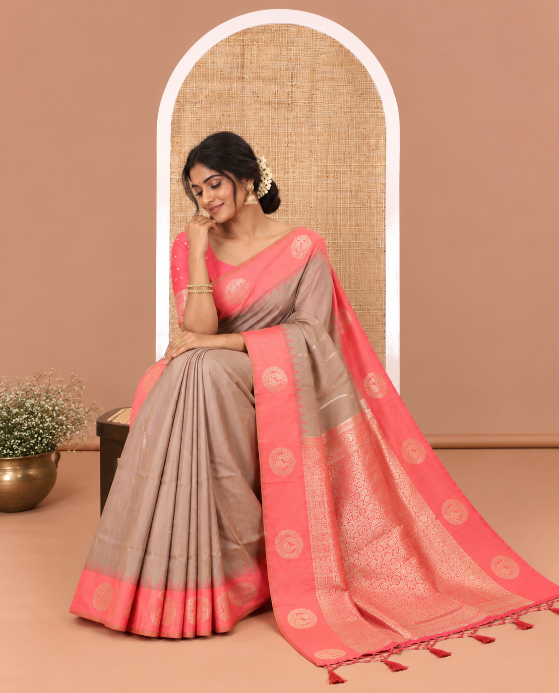 Pale Pink Elite Soft Silk Saree, Gleamed Up with Zari Buttas and Zari Stripes All Over Its Body, Complemented by a Contrast Temple Border of Round Peacock Designs, Rich Pallu of Peacock Chakram Butta Enclosed Checks, and Paired with a Contrast Blouse