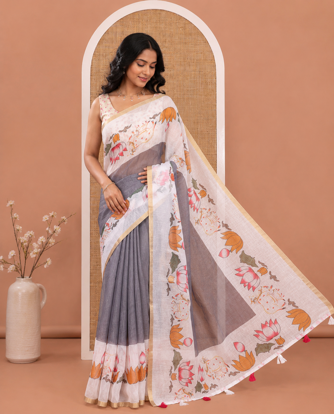 Grey Plain Linen Cotton Saree, Complemented by a Contrast Border Depicting Pichwai Cow and Lotus Motifs Print, Pallu of the Same Body Print, and Paired with a Contrast Blouse