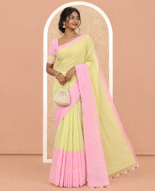Parrot Green Plain Khadi Mul Cotton Saree, a Contrast Big Border, a Self-Pallu, and a Matching Blouse