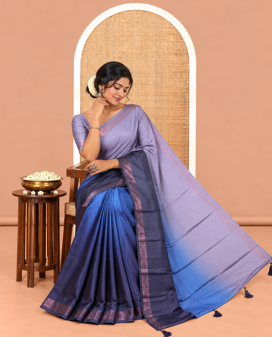 Grey-Ink Blue Plain Ombre-Style Satin Crepe Saree