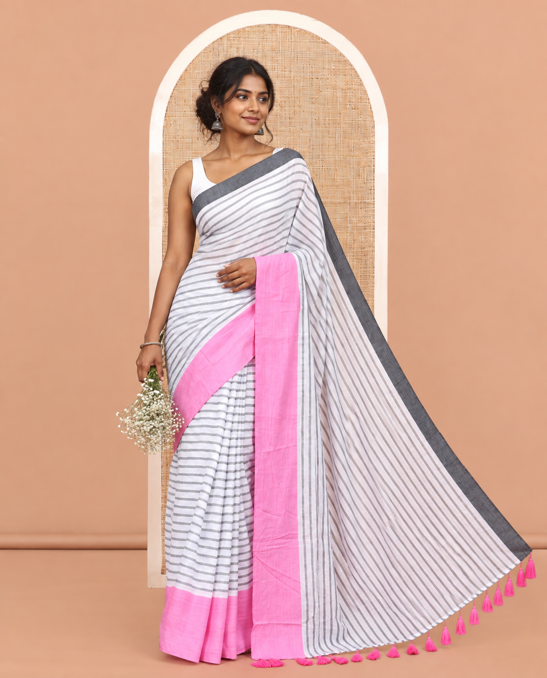 White-Grey Striped Khadi Mul Cotton Saree, a Contrast Ganga-Jamuna Border, and No Blouse