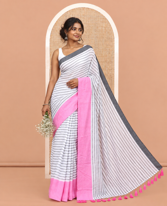 White-Grey Striped Khadi Mul Cotton Saree, a Contrast Ganga-Jamuna Border, and No Blouse