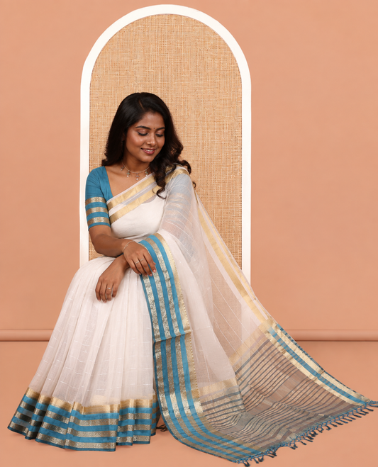 Off-White-Blue Horizontal Striped Semi-Organza Saree, a Contrast Traditional Zari Border, Striped Pallu, and a Contrast Blouse