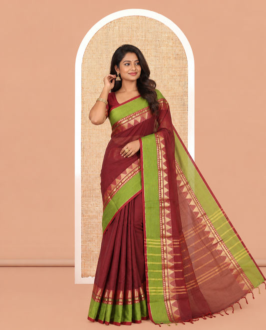 Brown Plain Chettinad Cotton Saree, a Contrast Temple Traditional Kal Eragina Border, Striped Pallu, a Matching Blouse