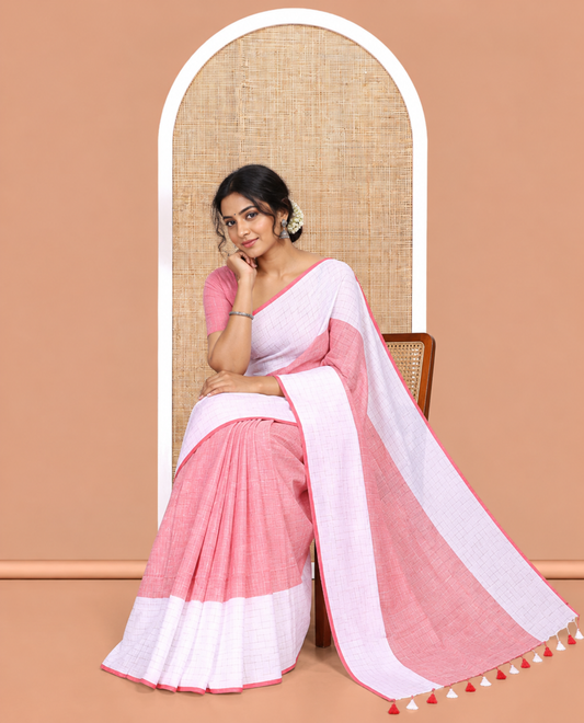 Light Pink-White Khadi Mul Cotton Saree, Subtly Sparkled with Geometric Print, Complemented by a Contrast Border, and No Blouse