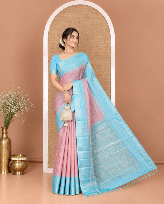 Pale Brown Manipuri Silk Saree, Subtly Sparkled with a Checked Design on Its Body, Complemented by a Contrast Zari Checked Border, Pallu Pictures Floral Jaal Designs, and Paired with a Contrast Blouse
