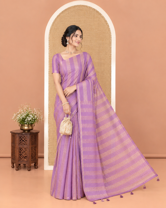 Borderless Lavender Light Weight Chiffon Saree, Gleamed Up with Vertical Stripes All Over Its Body, Subtle Self-Pallu, and Paired with a Matching Blouse