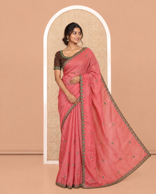 Pink Rangoli Chiffon Saree, Finely Crafted with Thread and Mirror Work Buttas on Its Body, Subtle Scallop Embroidered Border, Embroidered Pallu, and Paired with a Contrast Mirror Work Blouse