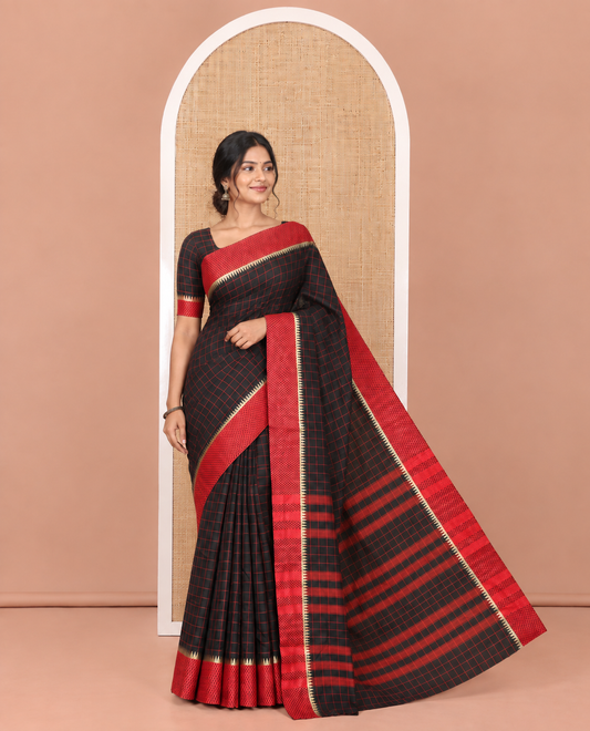 Black Checked Mercerised Cotton Saree, Contrast Temple Ara Maadam Border, Striped Pallu, and Matching Blouse