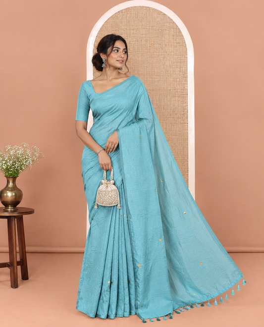 Borderless Dusky Green Vichitra Saree Features Gleaming Sequin Work, and a Matching Blouse