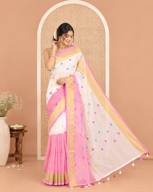 Cream-Rust Half-And-Half Heart Motifs Embroidered Khadi Cotton Saree, Contrast Bavanji Border, No Blouse