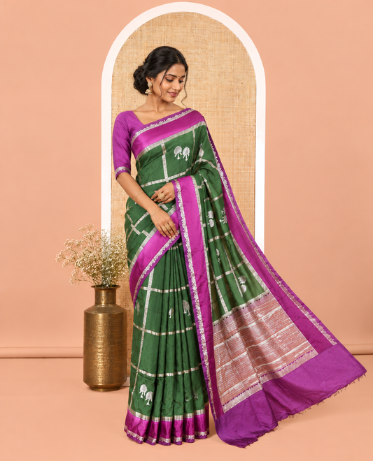 Bottle Green Green Mango-Silk Saree, Elegantly Highlighted with Meena Butta Enclosed Checks All Over Its Body, Complemented by a Contrast Floral Creeper Meenakari Border, Gleaming Zari Striped Pallu, and Paired with a Contrast Blouse